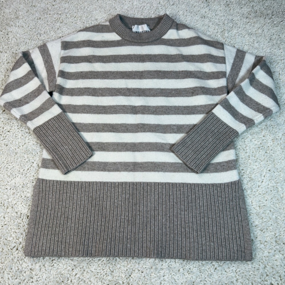 Industry Striped Sweater Women XS Tan White Crewneck Side Slit Ribbed Knit Top